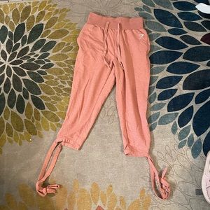 Pink sweatpants with tie bottoms tie waist and two hip zipper pockets